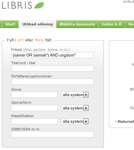 Libris hakuliittymä, utökad sökning, hakulause: (samer OR samisk*) AND ungdom*